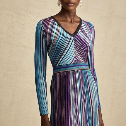 Myla Blue Ribbed Knit Midi Dress with Metallic Threading and Pleat Detailing