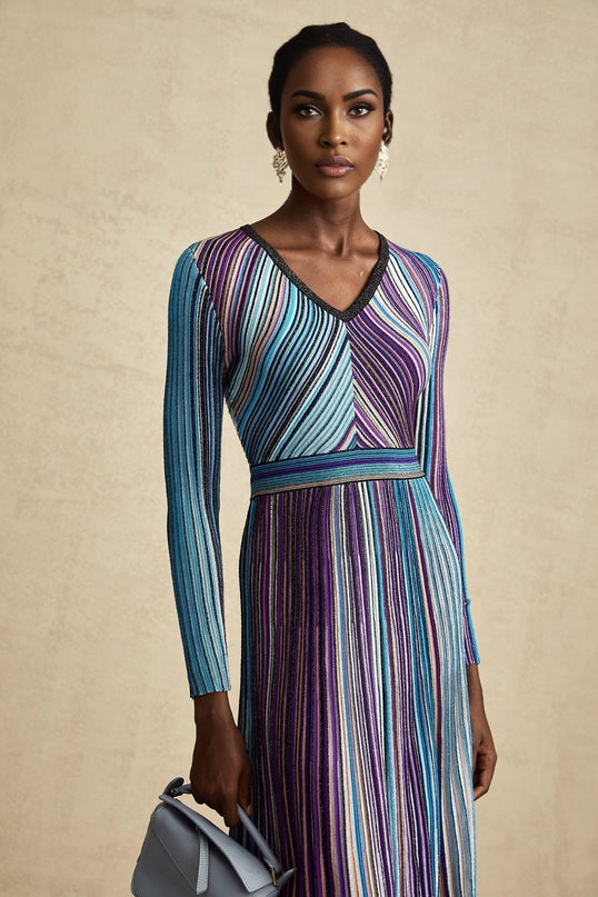 Myla Blue Ribbed Knit Midi Dress with Metallic Threading and Pleat Detailing