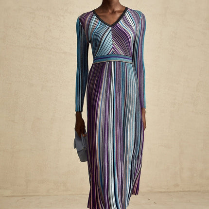Myla Blue Ribbed Knit Midi Dress with Metallic Threading V-Neck Pleat Detailing Long Sleeves Elasticated Waistband Vertical Stripe Pattern Elegant Sophisticated Glamorous 60% Viscose 21% Metallic fiber 19% Polyester