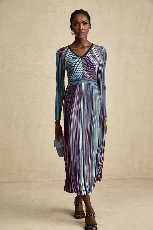 Myla Blue Ribbed Knit Midi Dress with Metallic Threading V-Neck Pleat Detailing Long Sleeves Elasticated Waistband Vertical Stripe Pattern Elegant Sophisticated Glamorous 60% Viscose 21% Metallic fiber 19% Polyester