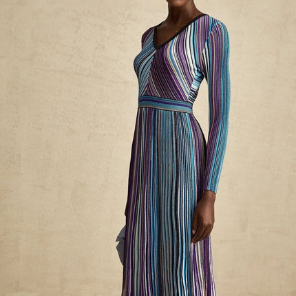 Myla Blue Ribbed Knit V-Neck Metallic Thread Midi Dress
