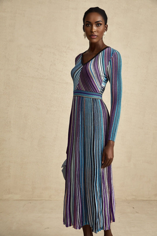 Myla Blue Ribbed Knit V-Neck Metallic Thread Midi Dress