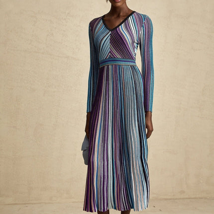 Myla Blue Ribbed Knit V-Neck Metallic Threaded Pleated Midi Dress