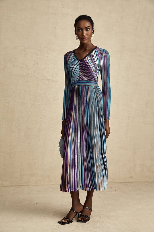 Myla Blue Ribbed Knit V-Neck Metallic Threaded Pleated Midi Dress