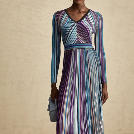 Myla Blue Ribbed Knit V-Neck Midi Dress with Metallic Threading and Pleat Detailing