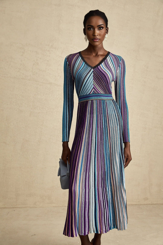 Myla Blue Ribbed Knit V-Neck Midi Dress with Metallic Threading and Pleat Detailing