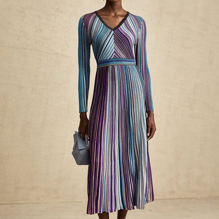 Myla Blue Ribbed Knit V-Neck Midi Dress with Metallic Threading and Pleat Detailing