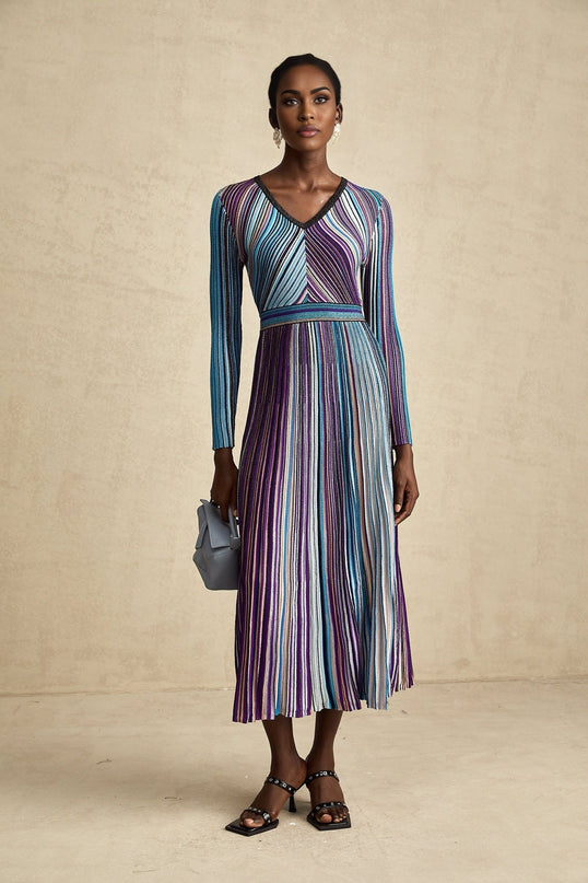 Myla Blue Ribbed Knit V-Neck Midi Dress with Metallic Threading and Pleat Detailing