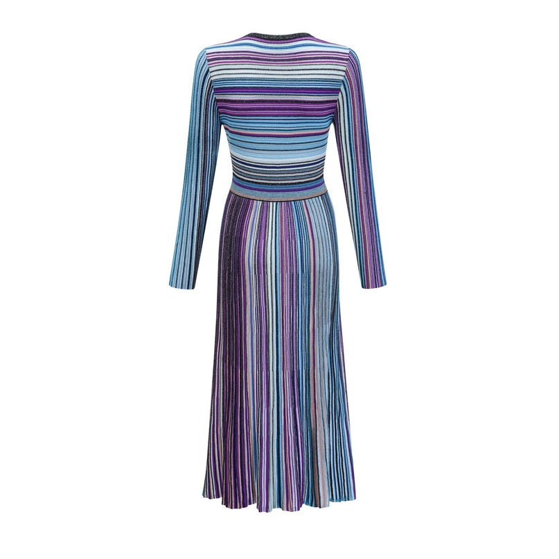 Myla Blue Ribbed Knit V-Neck Midi Dress with Metallic Threading and Pleat Detailing
