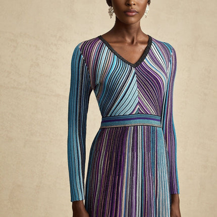 Myla Blue Ribbed Knit V-Neck Midi Dress with Metallic Threading and Pleat Detailing