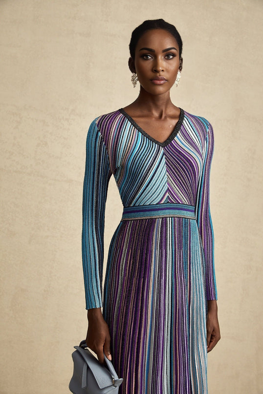 Myla Blue Ribbed Knit V-Neck Midi Dress with Metallic Threading and Pleat Detailing
