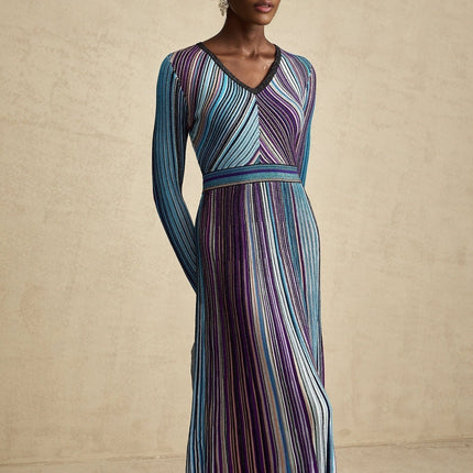 Myla Blue Ribbed Knit V-Neck Midi Dress with Metallic Threading and Pleat Detailing