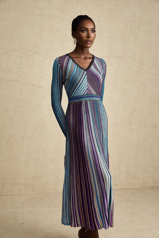Myla Blue Ribbed Knit V-Neck Midi Dress with Metallic Threading and Pleat Detailing