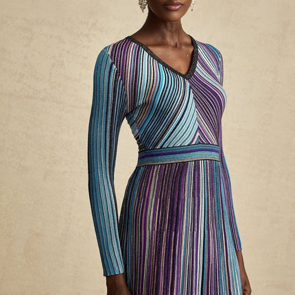 Myla Blue Ribbed Knit V-Neck Midi Dress with Metallic Threading and Pleat Detailing