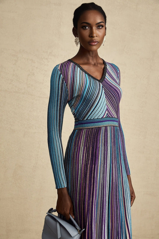 Myla Blue Ribbed Knit V-Neck Midi Dress with Metallic Threading and Pleat Detailing