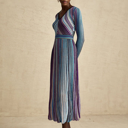 Myla Blue Ribbed Knit V-Neck Midi Dress with Metallic Threading and Pleat Detailing