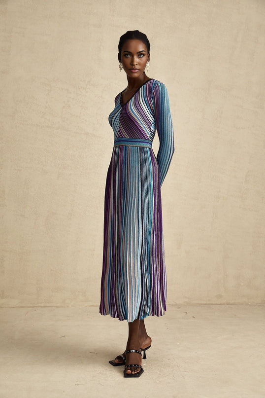Myla Blue Ribbed Knit V-Neck Midi Dress with Metallic Threading and Pleat Detailing