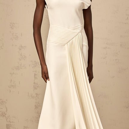 Myla White Midi Dress with Asymmetric Design and Pleated Detailing