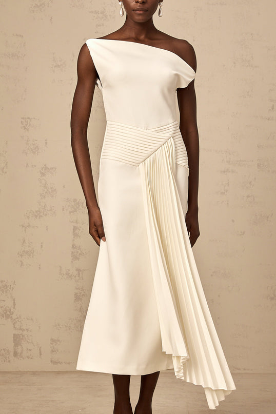 Myla White Midi Dress with Asymmetric Design and Pleated Detailing