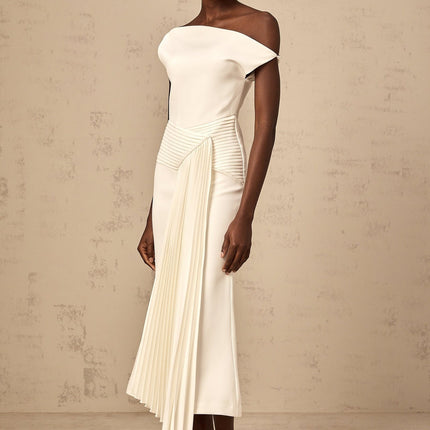 Myla White Midi Dress Elegant Asymmetric Pleated Design