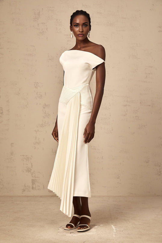 Myla White Midi Dress Elegant Asymmetric Pleated Design