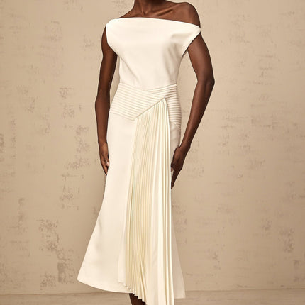 Myla White Midi Dress Pleated Asymmetric Design