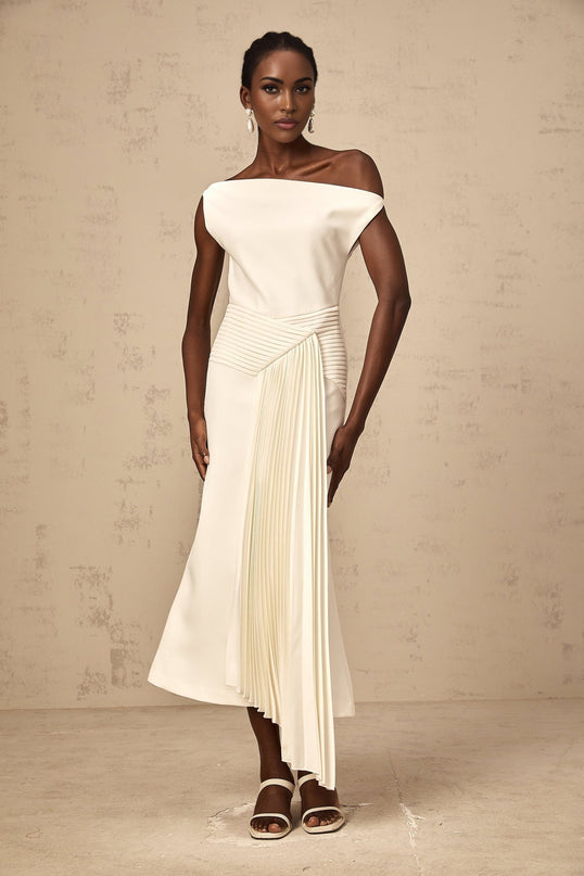Myla White Midi Dress Pleated Asymmetric Design