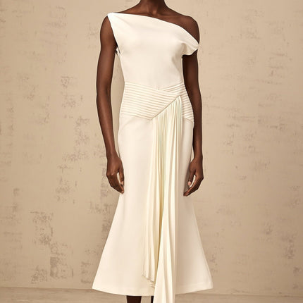 Myla White Midi Dress with Asymmetric Design and Pleated Detailing