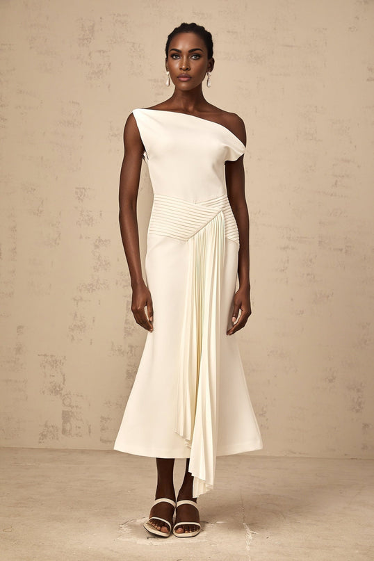 Myla White Midi Dress with Asymmetric Design and Pleated Detailing