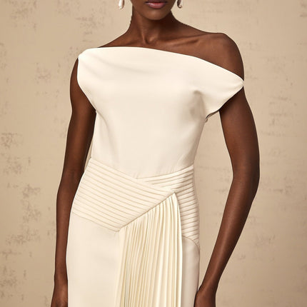 Myla White Midi Dress Asymmetric Pleated Detailing Mono Shoulder Side Draped Calf-Length Hem