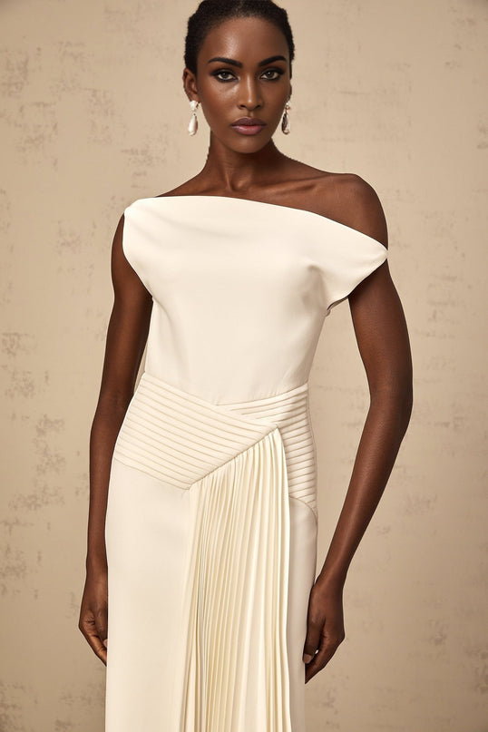 Myla White Midi Dress Asymmetric Pleated Detailing Mono Shoulder Side Draped Calf-Length Hem