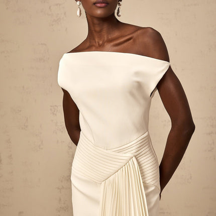Myla White Midi Dress with Asymmetric Design and Pleated Detailing