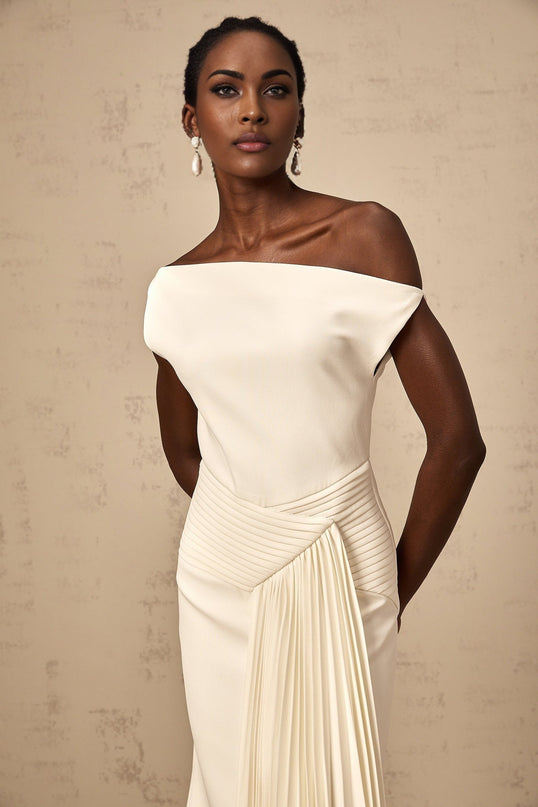 Myla White Midi Dress with Asymmetric Design and Pleated Detailing