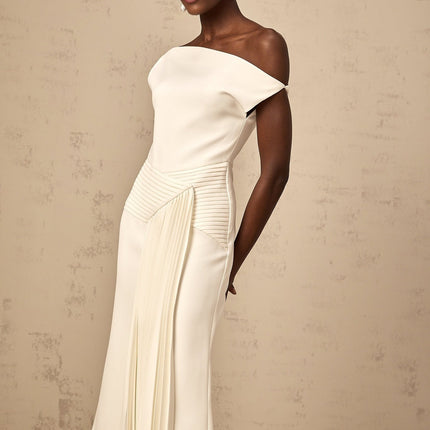 Myla White Midi Dress Asymmetric Pleated Design Calf-Length Elegant Sophisticated Glamour