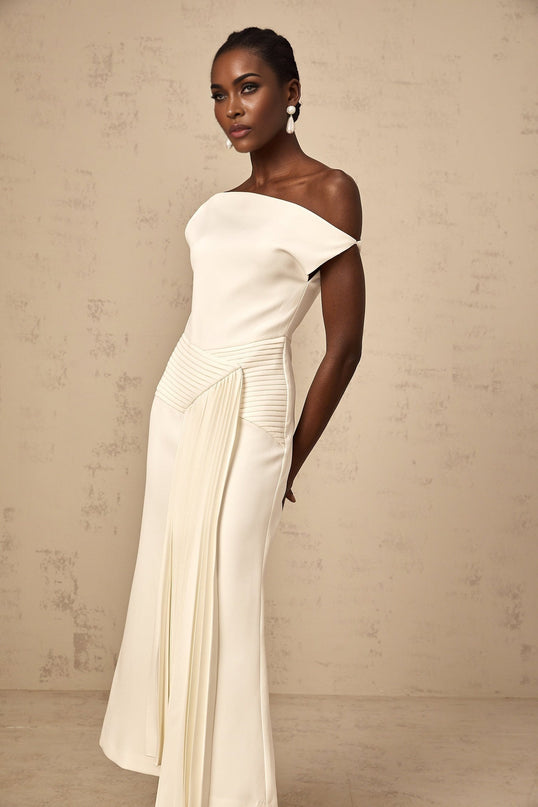 Myla White Midi Dress Asymmetric Pleated Design Calf-Length Elegant Sophisticated Glamour