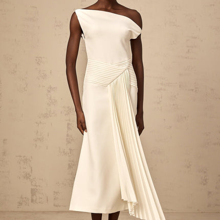 Myla White Midi Dress with Asymmetric Design and Pleated Detailing