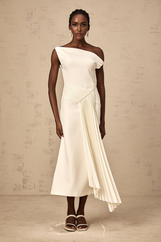 Myla White Midi Dress with Asymmetric Design and Pleated Detailing