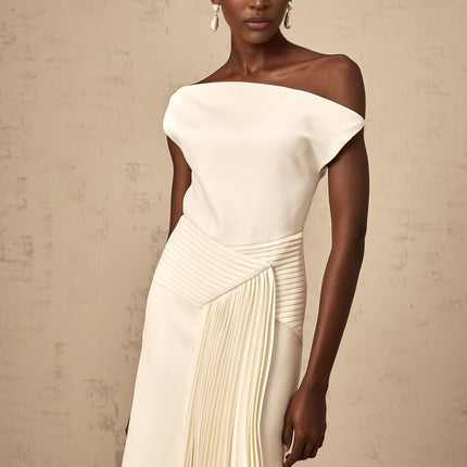 Myla White Midi Dress with Asymmetric Design and Pleated Detailing