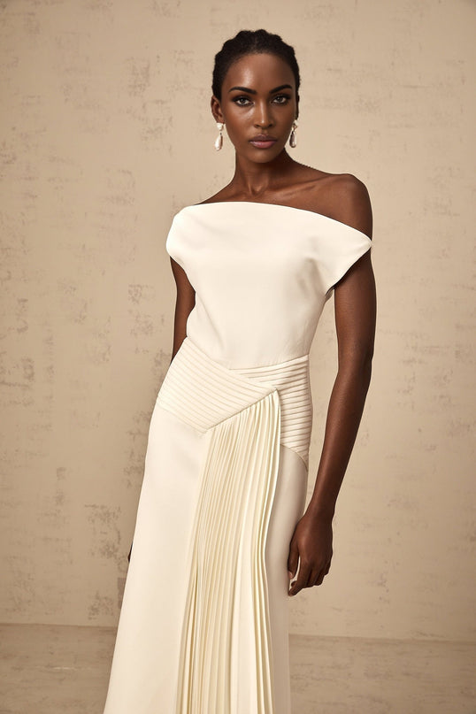 Myla White Midi Dress with Asymmetric Design and Pleated Detailing