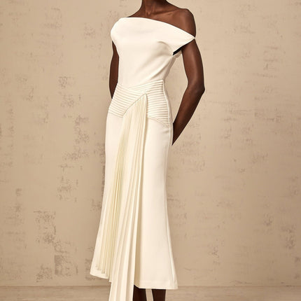 Myla White Midi Dress with Asymmetric Design and Pleated Detailing