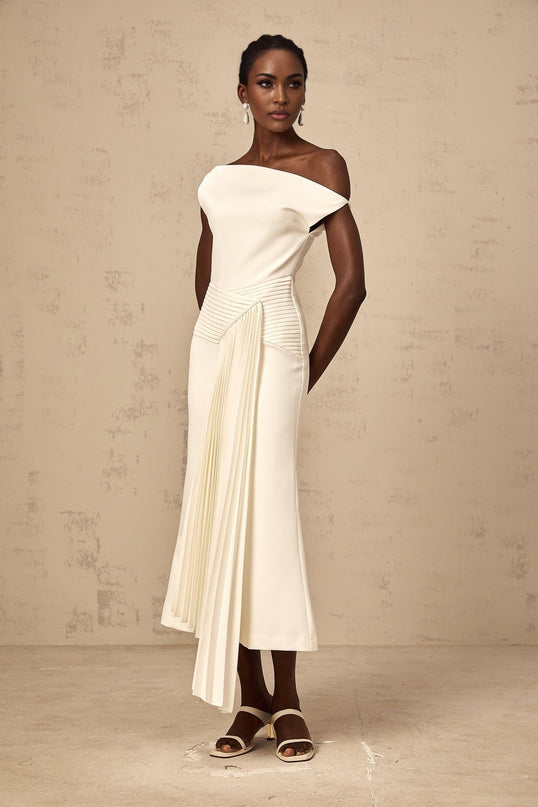 Myla White Midi Dress with Asymmetric Design and Pleated Detailing