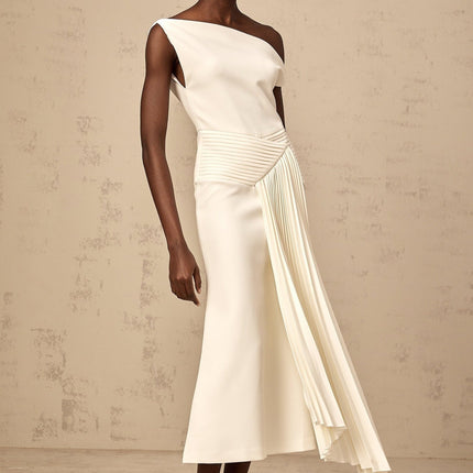 Myla White Midi Dress Elegant Sophisticated Asymmetric Pleated Mono Shoulder Side Draped Gathered Detailing Calf-Length Hem Luxurious Blend Terylene Spandex Special Occasion