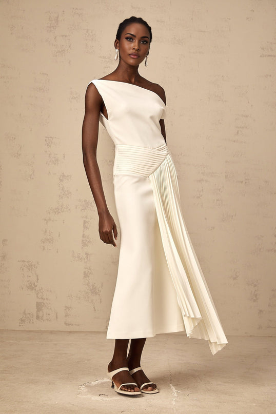 Myla White Midi Dress Elegant Sophisticated Asymmetric Pleated Mono Shoulder Side Draped Gathered Detailing Calf-Length Hem Luxurious Blend Terylene Spandex Special Occasion