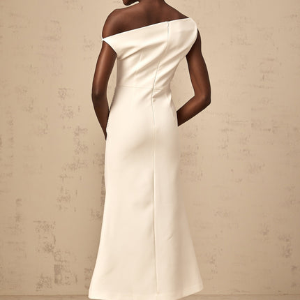 Myla White Midi Dress Pleated Asymmetric Design Calf-Length Hem