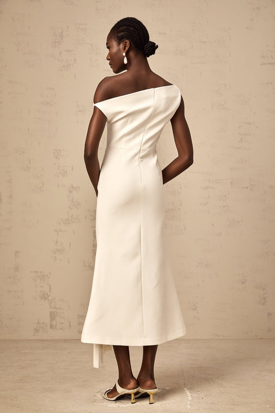 Myla White Midi Dress Pleated Asymmetric Design Calf-Length Hem