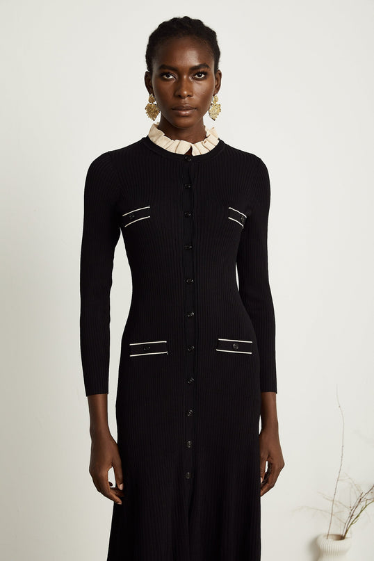 Nadège black ruffledneck knitted midi dress