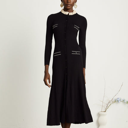 Nadège black ruffledneck knitted midi dress