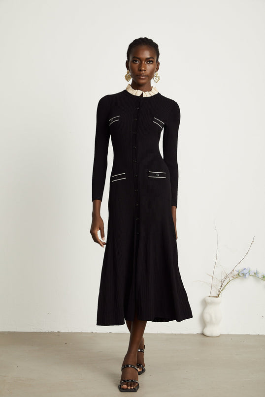 Nadège black ruffledneck knitted midi dress