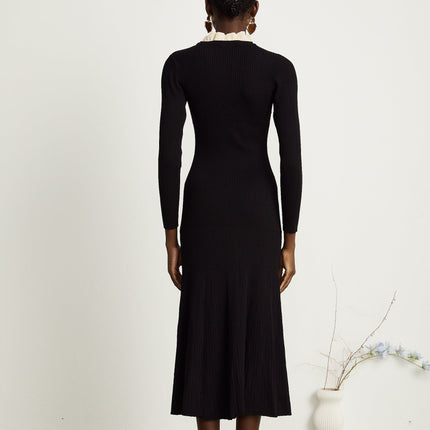 Nadège black ruffledneck knitted midi dress