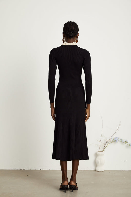 Nadège black ruffledneck knitted midi dress
